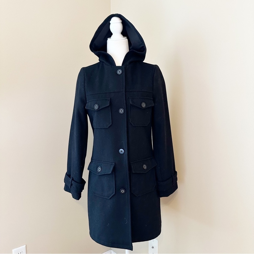 Old Navy Wool Blend Button Front Black Pea Coat with Hood - Small